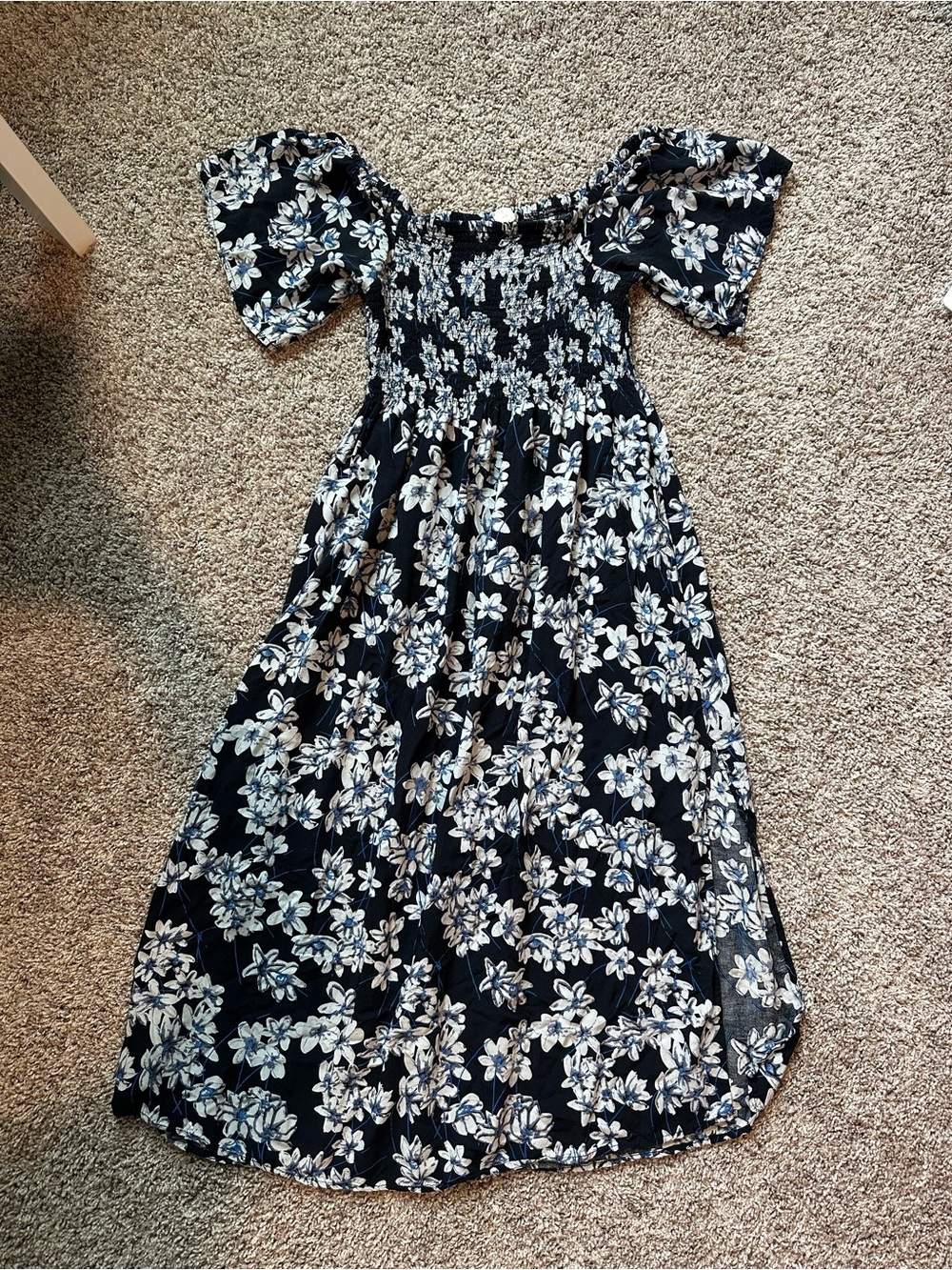 LoveRiche Black Blue Floral Smocked Puff Sleeve Square Neck Midi Beach Dress